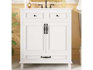 Meuble vasque salle de bain blanc 77 cm avec lavabo céramique intégré, 9 rangements et portes soft-close