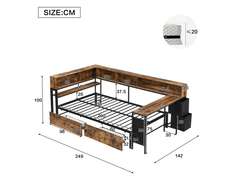  Lit avec tiroirs, lit simple 120 × 200 cm, 2 tiroirs, étagères, port de charge et table, sans matelas, noir naturel  - Conforama E
