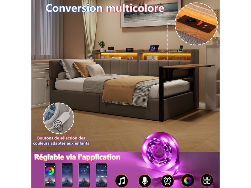  Lit coffre hydraulique 90x200 cm avec  led, table rabattable et usb-c, velours gris, structure mdf, sans matelas  - Conforama D
