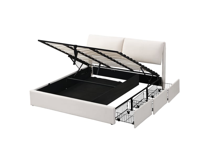  Lit coffre 180x200 cm beige, velours, sommier relevable hydraulique, 3 tiroirs, tête de lit réglable, sommier à lattes inclus  - Conforama A