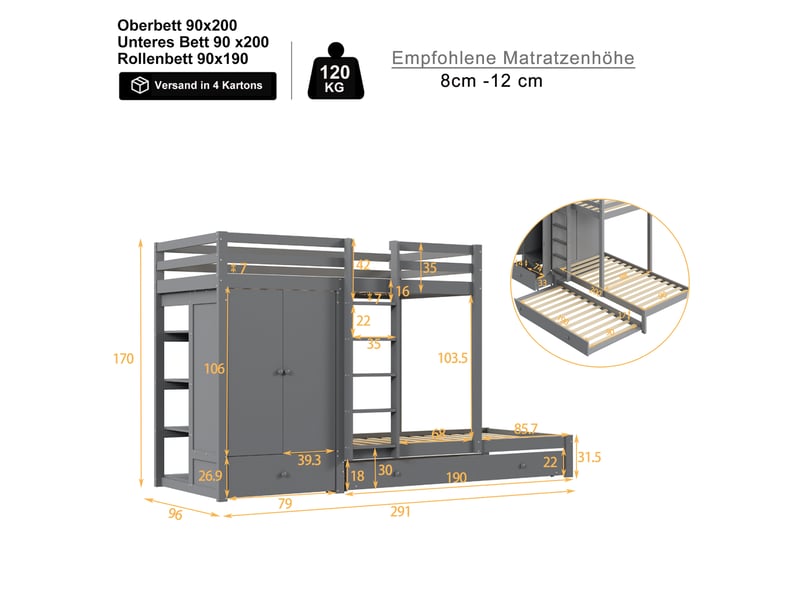  Lit superposé en bois massif avec lit gigogne 90x200, lit enfant avec armoire, tiroirs et étagère, gris  - Conforama R