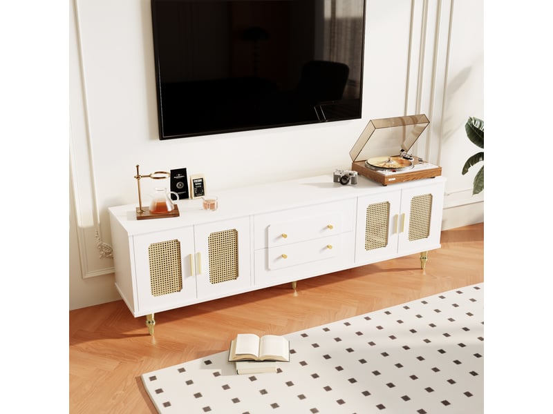 Meuble tv bas 160 cm rétro chic rotin naturel, poignées dorées, pieds métal - Conforama E