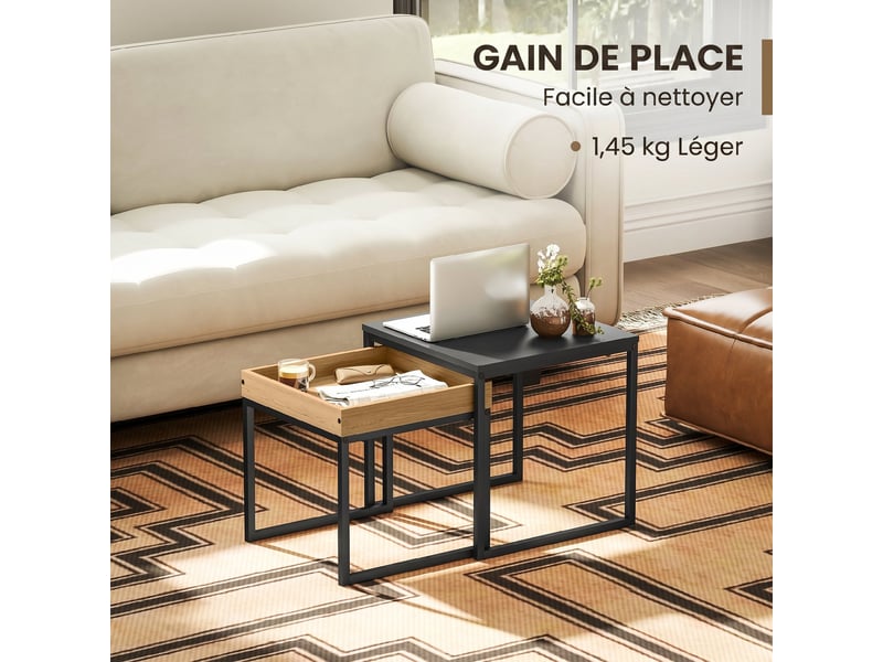  Lot de 2 tables basses gigognes carrées, tables gigognes de salon avec cadre en acier, noir, style moderne  - Conforama R