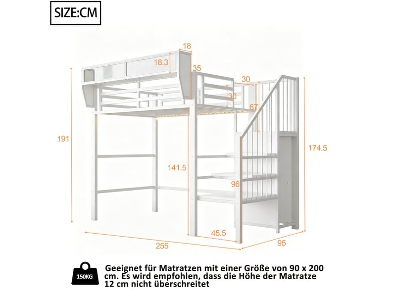 Lit mezzanine avec led, escalier sécurisé et rangements modulables pour chambre en métal et mdf blanc 90 × 200 cm  - Conforama C