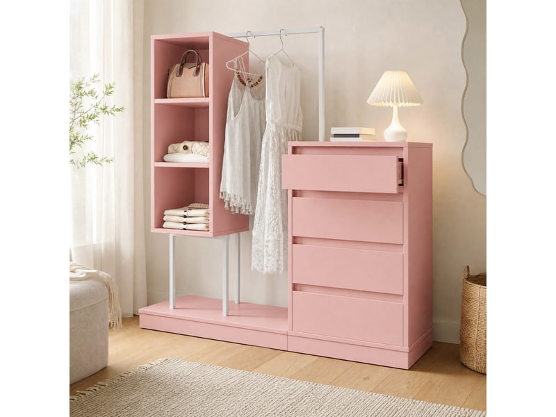  Armoire avec tiroirs 140x40x135 cm panneau de particules rose et blanc avec tringle et espaces de rangement  - Conforama B
