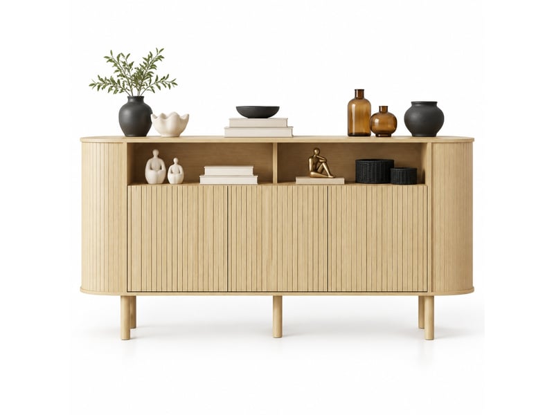 Buffet bas ulevr 160 x 40 x 78,5 cm, 3 portes ondulées et 2 niches ouvertes, rangement, panneaux de particules, naturel - Conforama A