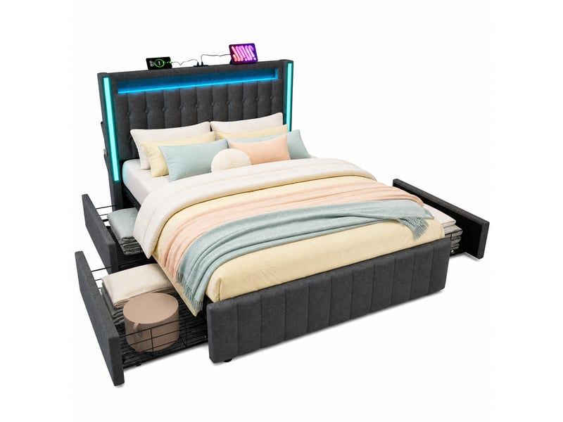  Lit rembourré ulevr 160x200 cm avec led, 4 tiroirs de rangement, ports usb et usb-c, cadre de lit gris en tissu lin  - Conforama A