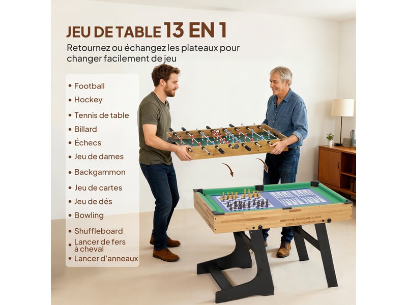  Table multijeux 13 en 1 pliable, table de jeu baby-foot, billard, pour enfants et adultes 120 x 106 x 82 cm noyer clair  - Conforama D