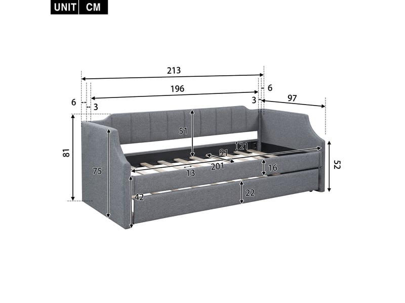  Lit banquette 90x200 capitonné avec lit gigogne - lin gris 213x97x81 cm  - Conforama C