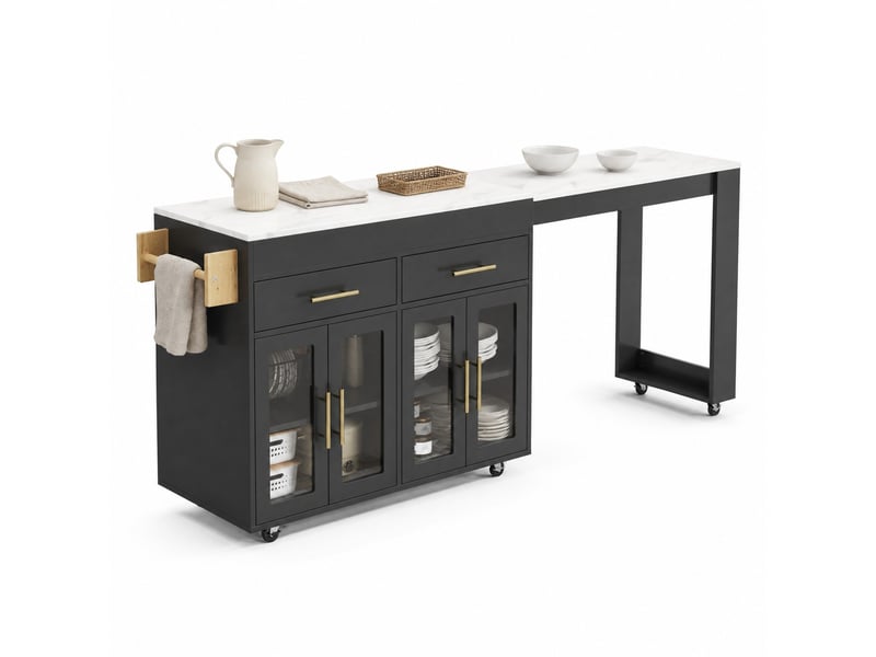 Îlot de cuisine mobile,132,5-217x50x93 cm,avec rangement,mdf,noir - Conforama A