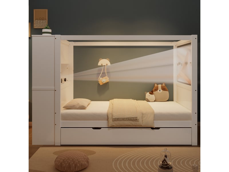  Lit enfant en bois avec casiers, tiroirs à roulettes et barrière, 90x200cm, blanc naturel  - Conforama E