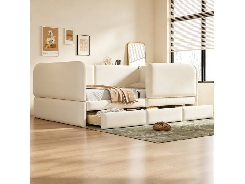  Lit enfant, 140x200 cm, espace nuit, bords arrondis, tiroirs de rangement, matelas non inclus, velours, coloris beige  - Conforama E