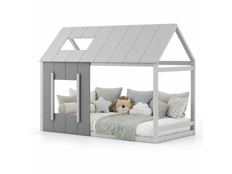  Lit cabane enfant 90 x 200 cm en pin et mdf avec toit et fenêtres, gris foncé et clair  - Conforama A