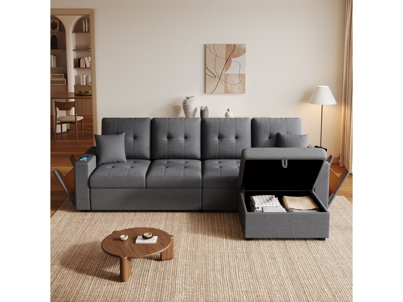 Canapé d'angle modulaire en lin, pouf rangement libre, 2 rangements aux accoudoirs, usb & type-c, led, 253 cm - Conforama D