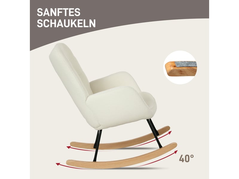  Fauteuil à bascule 98x71x101cm – rocking chair de salon avec dossier capitonnée et patins en bois massif – peluche et tissu - blanc  - Conforama E