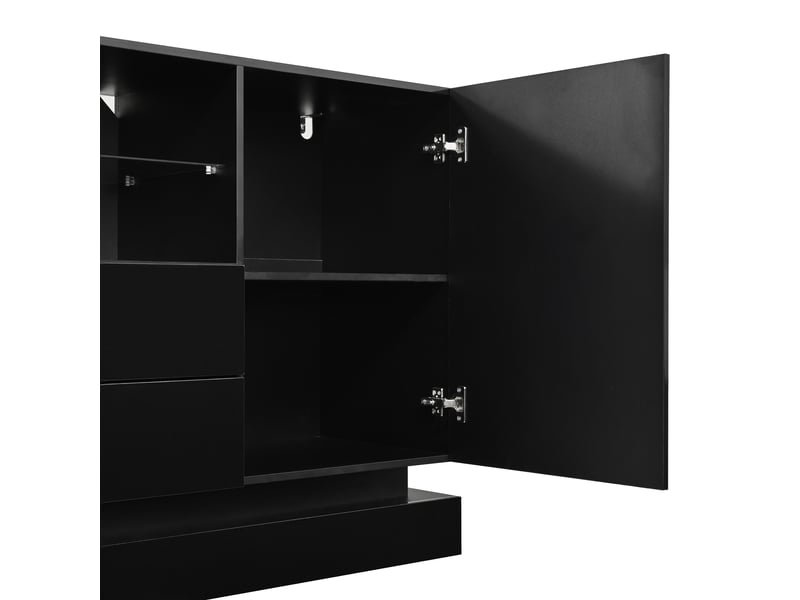  Buffet avec led pilotée par appli, 2 portes, 2 tiroirs, niche ouverte avec étagère en verre, façades brillantes, panneaux de particules,noir evarich - Conforama D