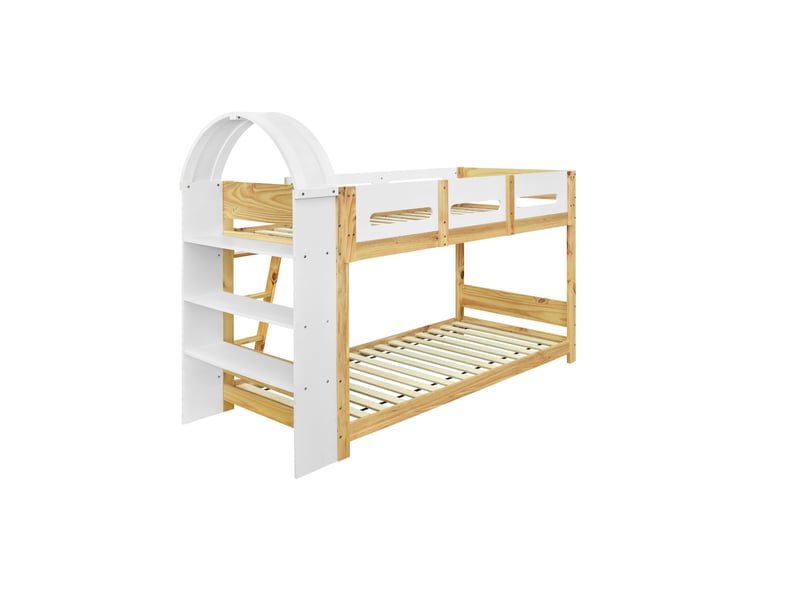  Lit superposé 2 × 90 × 200 cm avec étagère 3 niveaux et échelle, blancnaturel IKSETERA TRADING LTD - Conforama R