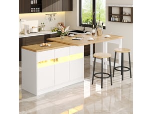 Îlot de cuisine extensible 120-180 cm led, pivotante 360°, avec rangements, mdf, blancnaturel
