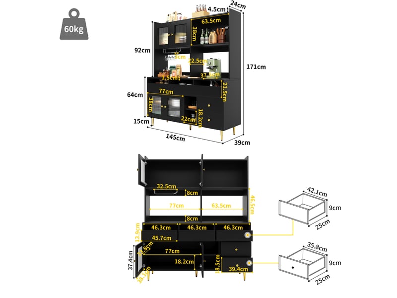 Buffet haut 145x39x171 cm, 5 tiroirs, portes en verre strié, rangement pour verres à vin, mdf, noir et doré  - Conforama C