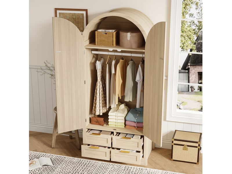  Armoire 2 portes 80x50x180 cm, portes courbes en rotin, penderie, tiroirs et rangements, mdf, couleur chêne  - Conforama B