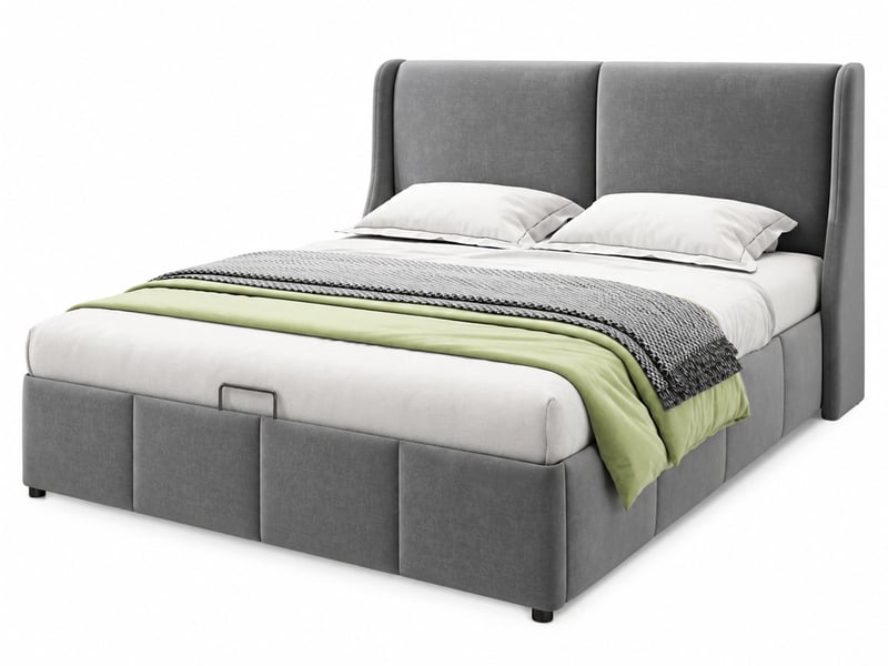  Lit coffre 140 x 190 avec rangement hydraulique, lit 2 personnes avec sommier à lattes et tête de lits rembourré, sans matelas, velours gris  - Conforama A