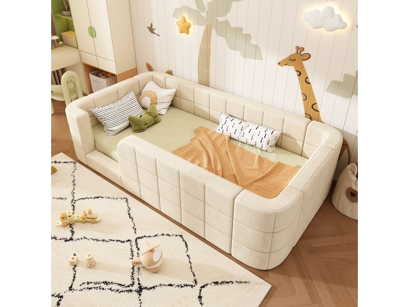  Lit enfant en chenille beige 90 × 200 cm avec cadre enveloppant Fay Lum - Conforama D