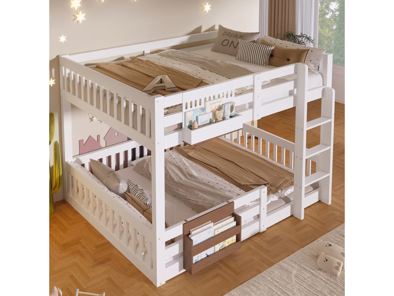  Lit superposé, 140 x 200 cm, compartiments de rangement, barrière de sécurité, échelle, sans matelas, blanc  - Conforama B