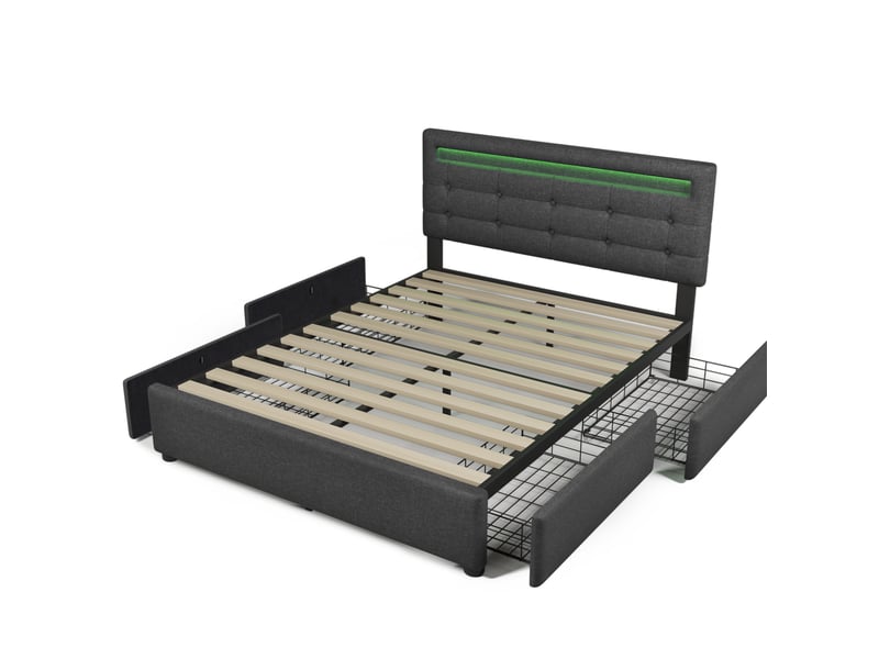  Lit rembourré 140 × 200 cm 2 places avec 4 tiroirs, led réglable, tête de lit ajustable, matelas inclus, gris  - Conforama A