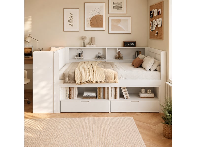 Lit avec rangement 120x200 cm blanc avec bureau intégré, armoire et 2 tiroirs  - Conforama D