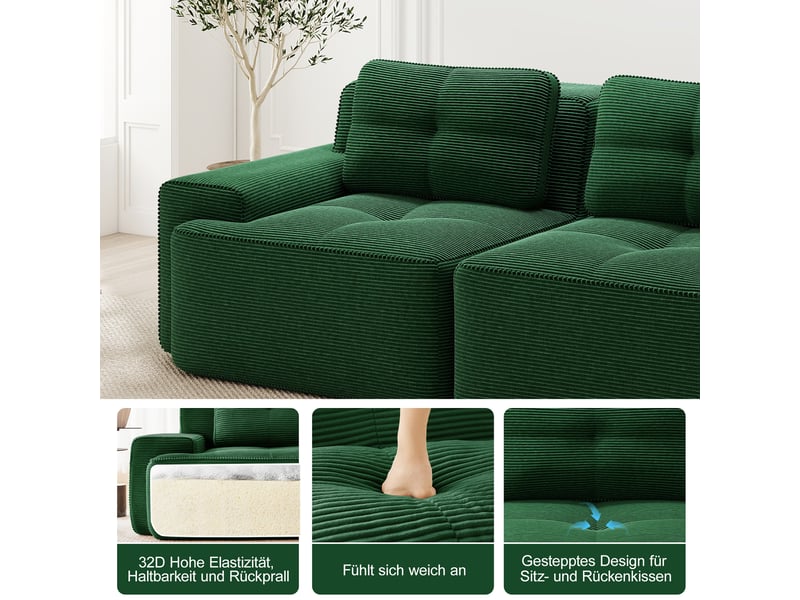 Canapé modulaire 3 places convertible avec 3 poufs - lpospi - accoudoirs larges, velours côtelé vert - Conforama E