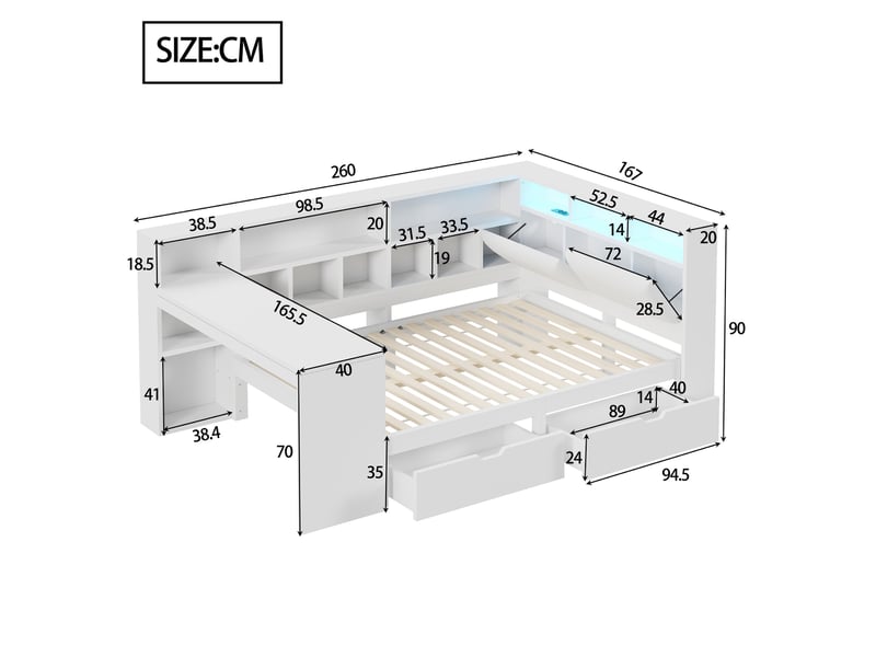  Lit 140 x 200 cm en l blanc avec bureau, bibliothèque, tiroirs et éclairage led  - Conforama E