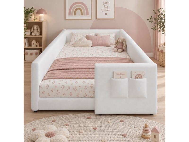  Lit enfant 90x200 cm au sol, velours blanc, quatre côtés matelassés, poche latérale et profil bas, sommier à lattes en contreplaqué, pour chambre  - Conforama D