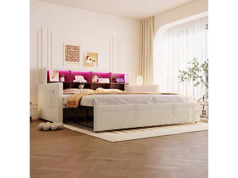 Lit gigogne enfant 90x190 cm canapé-lit avec led et rangement, velours, beige, sans matelas - Conforama R