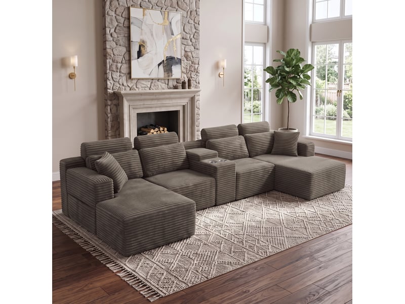  Canapé d’angle modulaire en u 373x151x81 cm compressé, porte-gobelets, mousse,  velours côtelé couleur kaki  - Conforama D