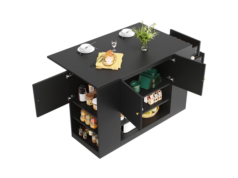  Îlot de cuisine noir 140 cm avec plateau rabattable, meuble de cuisine avec tiroirs et étagères, buffet en mdf pour salle à manger  - Conforama A