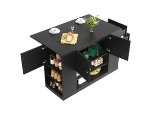 Îlot de cuisine noir 140 cm avec plateau rabattable, meuble de cuisine avec tiroirs et étagères, buffet en mdf pour salle à manger