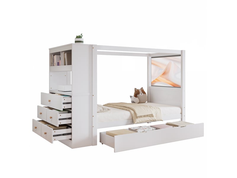 Lit enfant 90x200 cm avec barrière, rangement à 5 tiroirs et tiroir roulettes, blanc - Conforama A