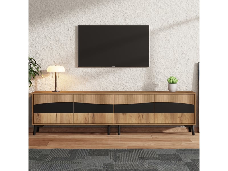  Meuble tv 4 portes avec rangement pour salon 180×40×50 cm en panneaux de particules naturel et noir  - Conforama B