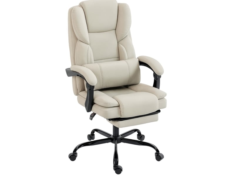 Chaise de bureau ergonomique beige en cuir régénéré, inclinable 140° avec repose-pieds et soutien lombaire - Conforama A