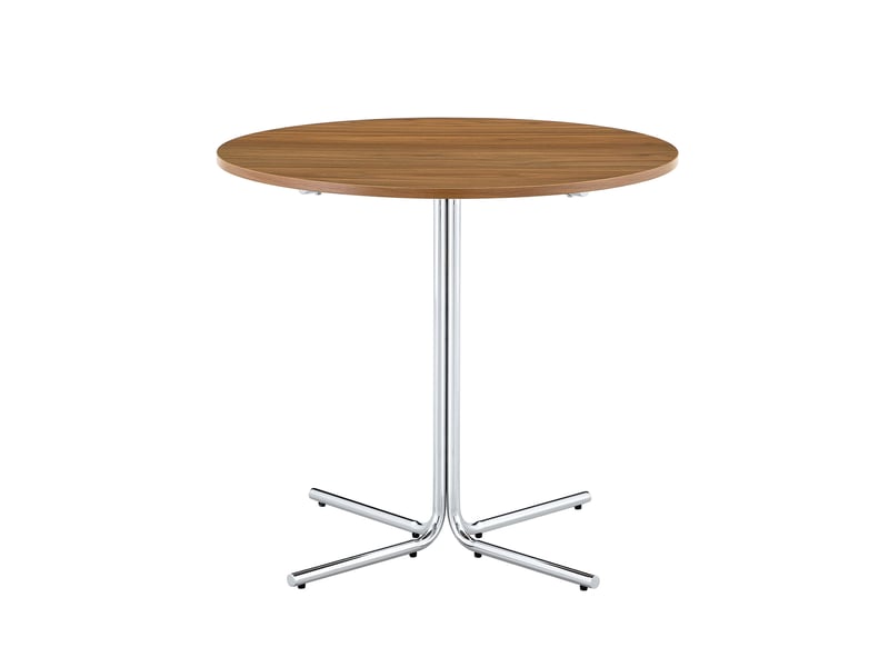  Table de salle à manger ronde fixe en mdf noyer avec piètement en métal chromé et patins antidérapants 85 × 76 cm  - Conforama A