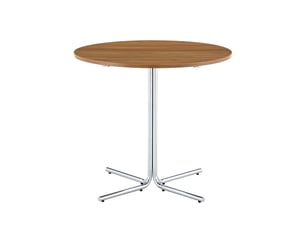Table de salle à manger ronde fixe en mdf noyer avec piètement en métal chromé et patins antidérapants 85 × 76 cm