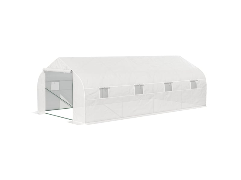  Serre tunnel de jardin 18 m² dim. 5,95l x 3l x 2h m porte + 8 fenêtres enroulables acier galvanisé bâche pe haute densité blanc  - Conforama B