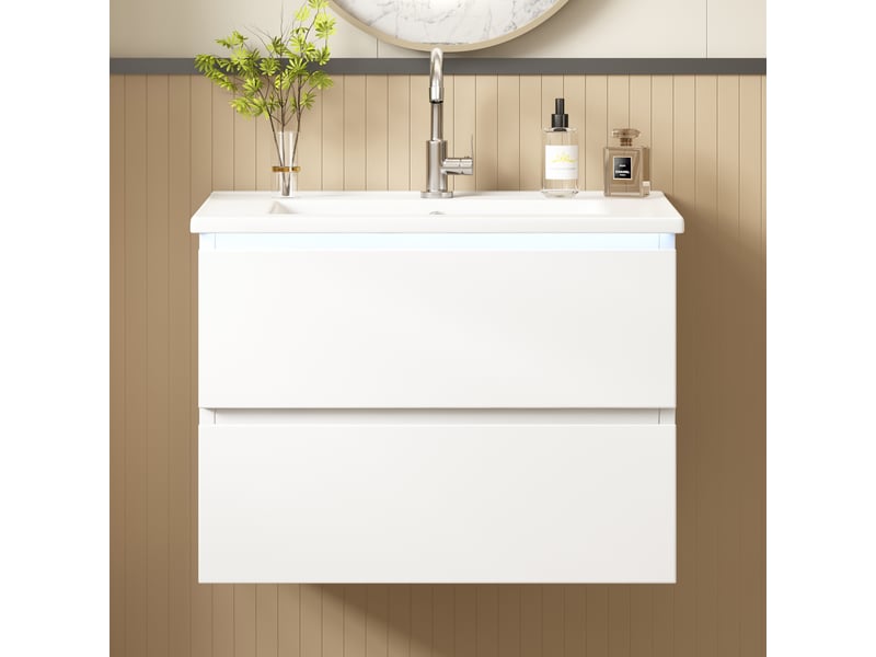 Meuble vasque mural salle de bain blanc 61 cm avec lavabo intégré, led radar et 2 tiroirs silencieux - Conforama B