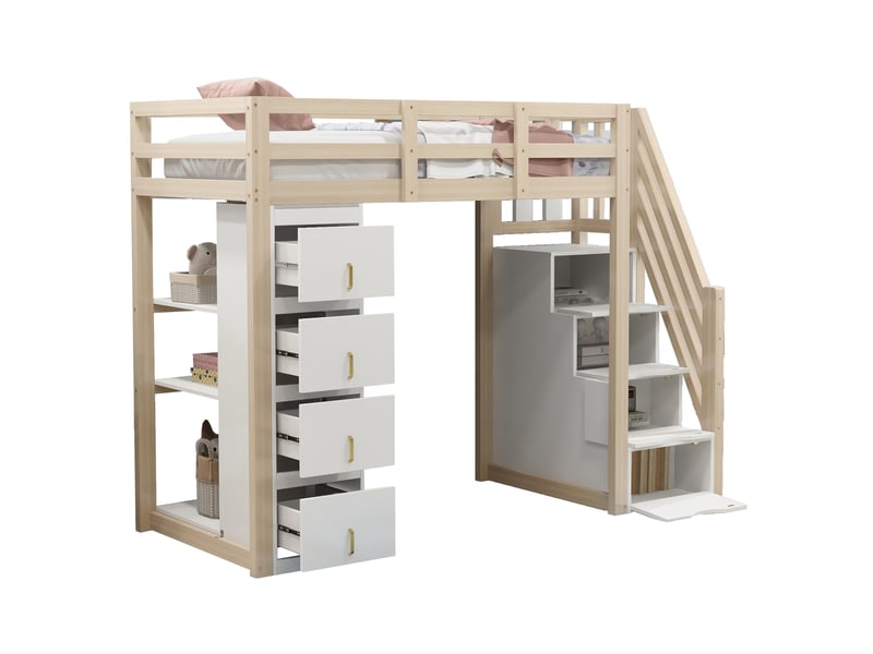  Lit mezzanine enfant 90x200 cm – bois naturel – 4 tiroirs, étagère et échelle de rangement - sans matelas  - Conforama A