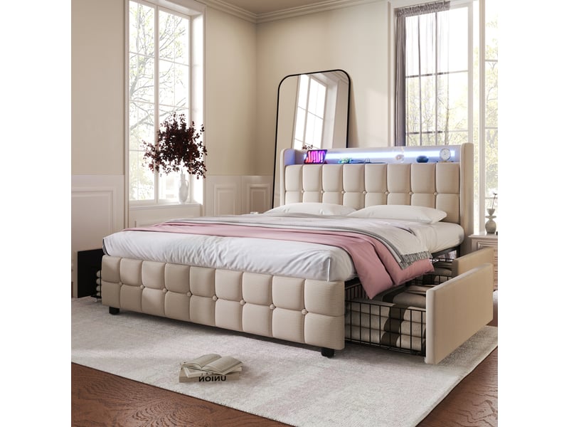  Lit double moderne 180x200 cm avec port usb, led et rangements, 4 tiroirs, sommier à lattes, lin beige, sans matelas  - Conforama W