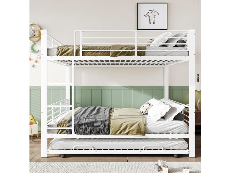  Lit superposé 140 × 200 cm trois places avec lit gigogne coulissant et barrière haute en métal blanc mat pour chambre  - Conforama D
