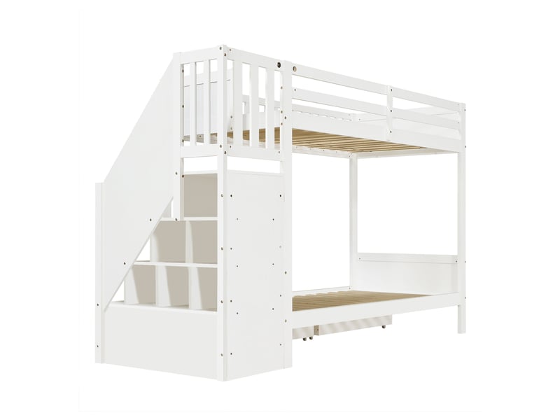 Lit superposé enfant 90×200 cm avec escalier de rangement, 2 tiroirs et garde-corps, blanc - Conforama E
