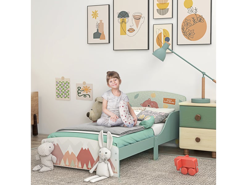  Lit pour enfant 3-6 ans avec barrières de sécurité et motifs dim. 77 x 143 x 60 cm sommier à lattes inclus - vert  - Conforama A