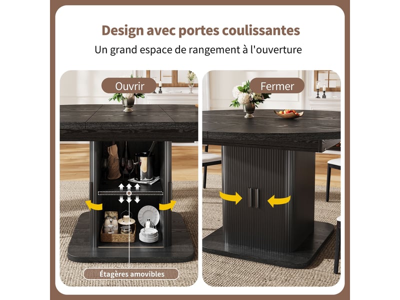  Table à manger extensible noir 110x110x75cm 1 étagère 2 portes réglable casier à vin mdf et métal salle à manger rangement pratique  - Conforama C