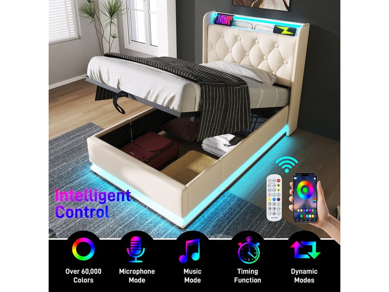  Lit coffre 90x200 cm, rangement hydraulique, éclairage led, usb et usb-c, tête de lit avec rangement pour chambre - blanc  - Conforama E